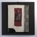 La tela di Penelope. Collage di tessuti, ceramica raku e pasta di vetro su tavola cm 49x49